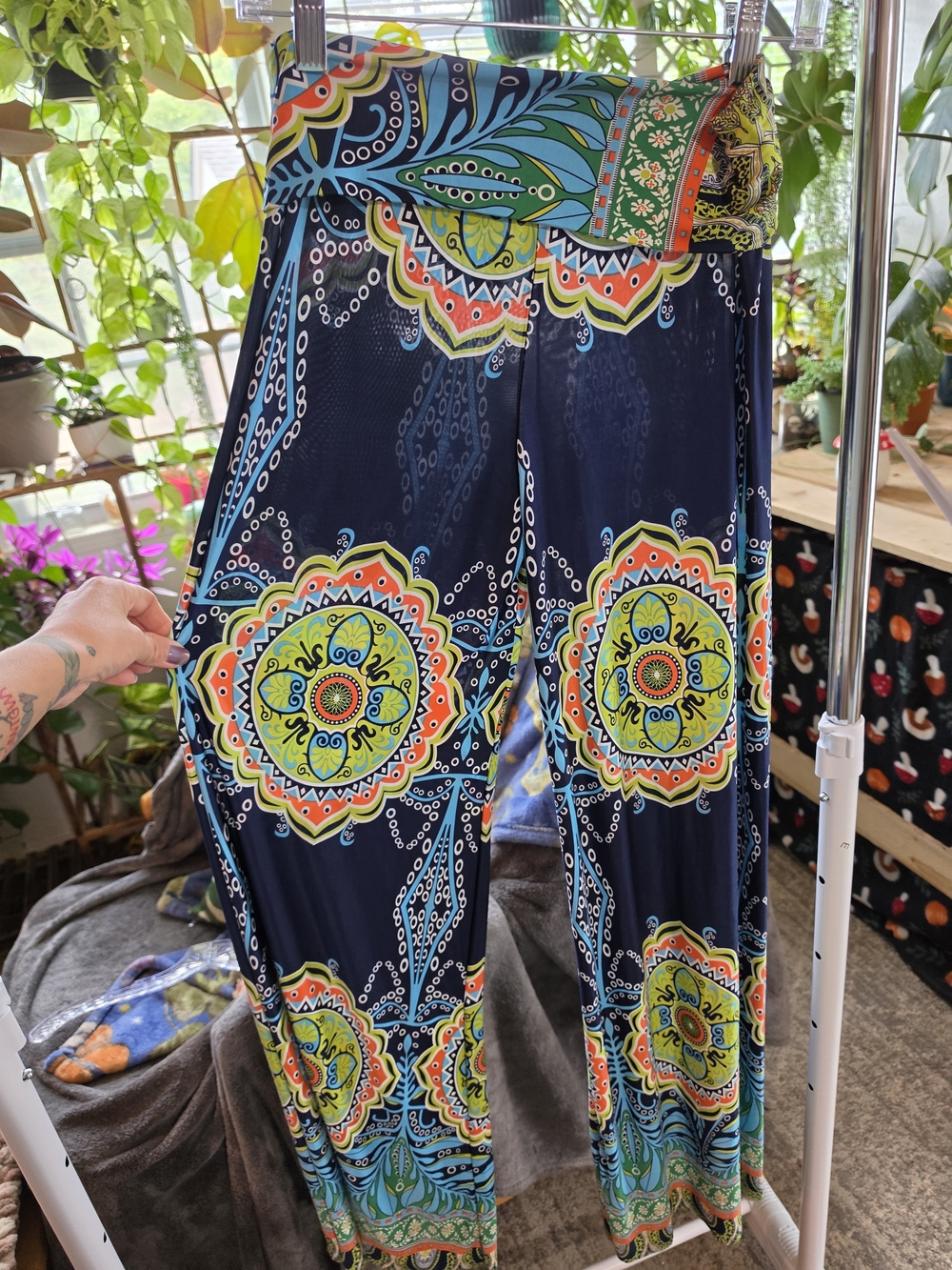 Bohemian Navy Wide-Leg Palazzo Pants with Multicolor Medallion Print - Picture 6 of 6